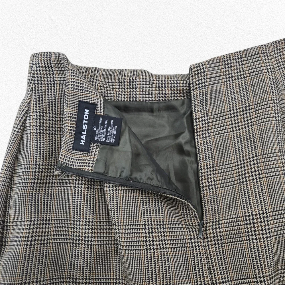 Halston Gray Tan Glen Check Wool Plaid Tailored Straight A-Line Skirt Size 10